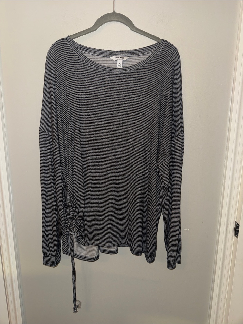 Nine West Gray and Black Striped Long-Sleeve Drawstring Top